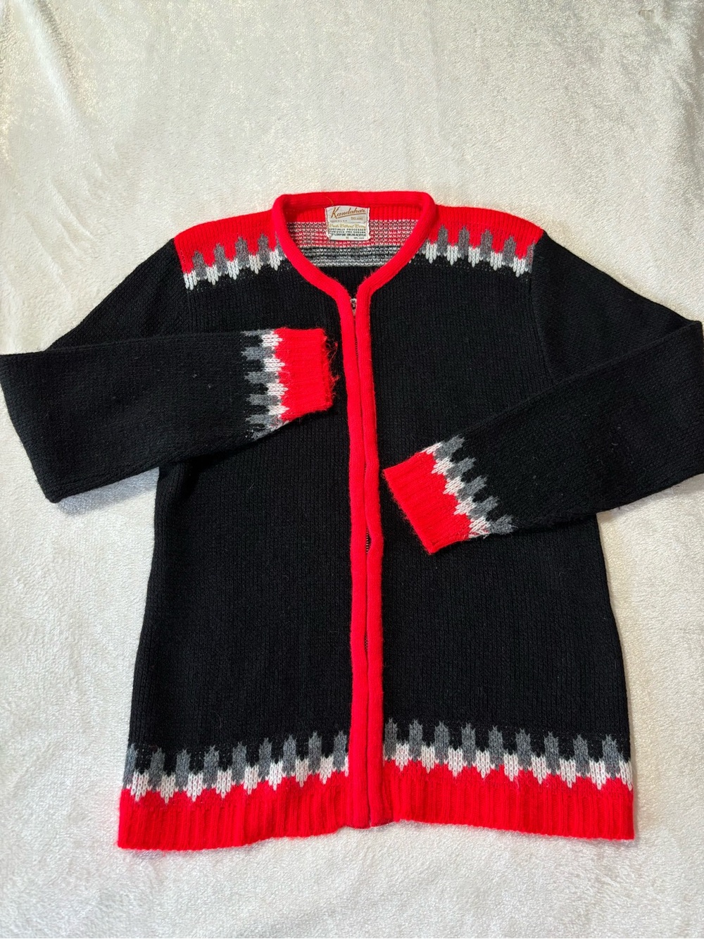 1960s Vintage Black & Red Patterned Knit Cardigan Sweater